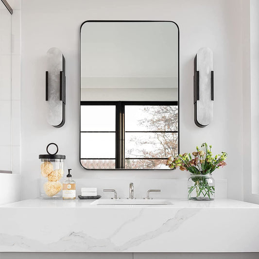 Brushed Nickel Mirror for Bathroom, 22"X30" Silver Metal Frame Wall Mirror, Rectangular Stainless Steel Rounded Corner Mirror with 1’’ Deep Set Design Hangs Horizontal or Vertical