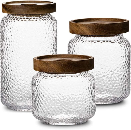 Anti-Slip Storage Jar, 3 Pack , with Airtight Wood Lid Glass Kitchen Canisters 12Oz, 17Oz, 25Oz